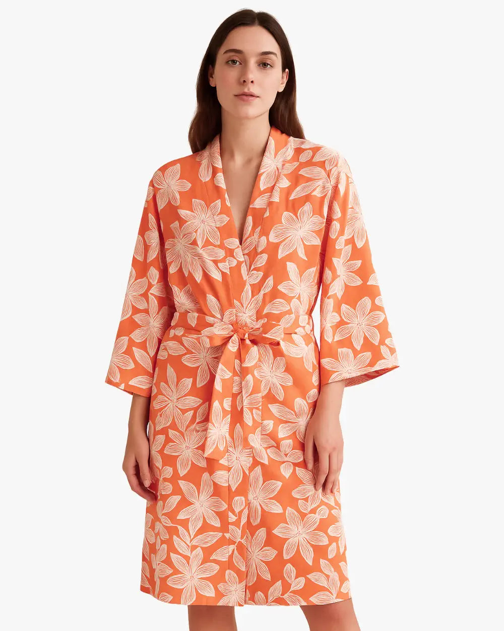 Peignoir kimono orange femme motifs floraux japonais Hanaka