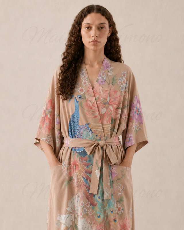 Robe japonaise femme beige fleuri paon