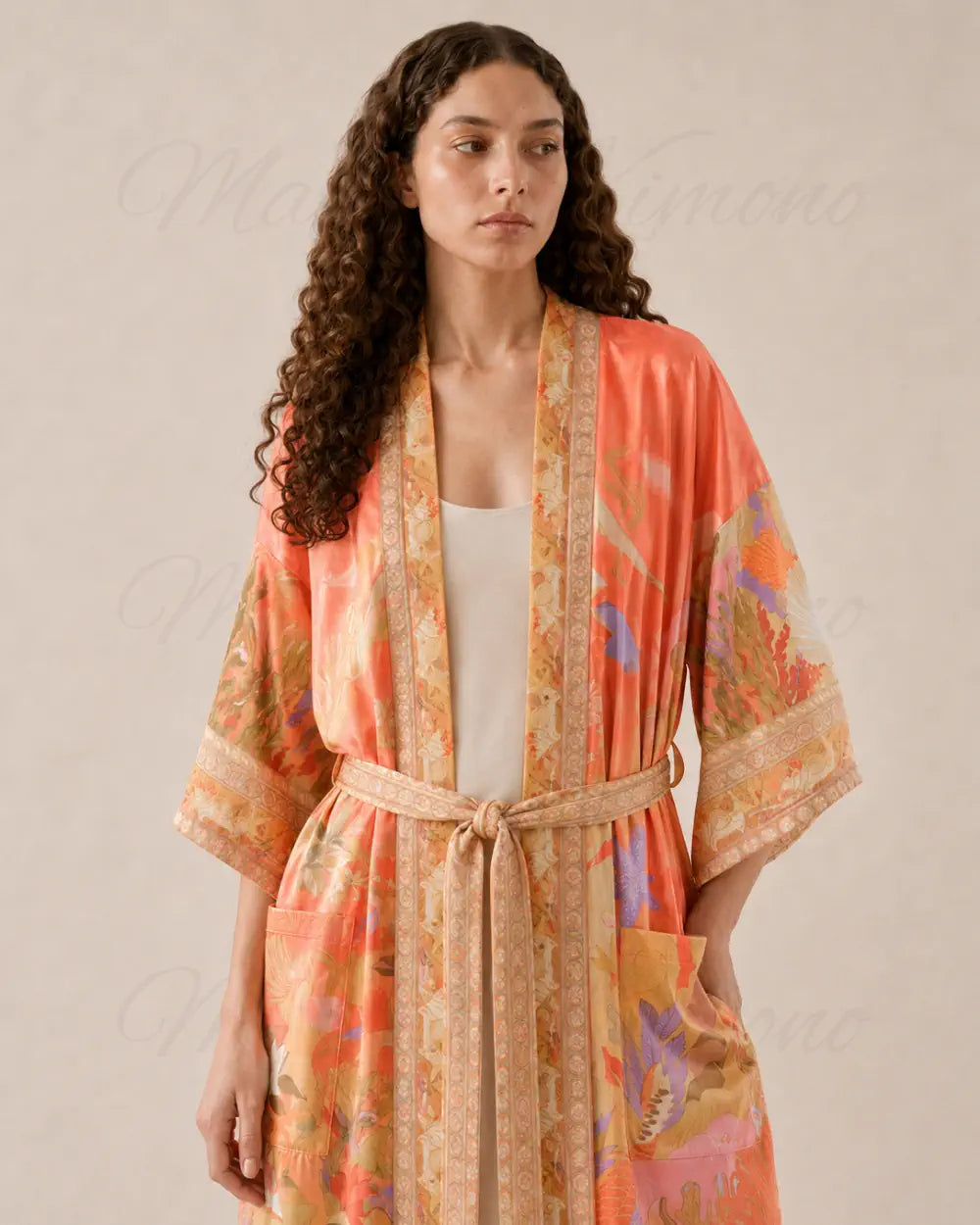 Robe japonaise femme orange fleuri
