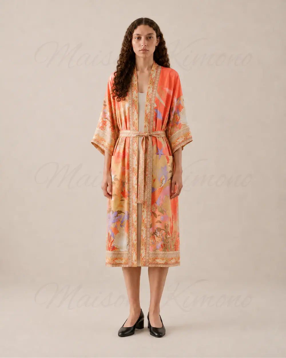Robe japonaise femme orange fleuri