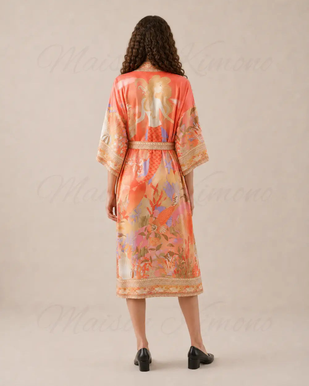Robe japonaise femme orange fleuri