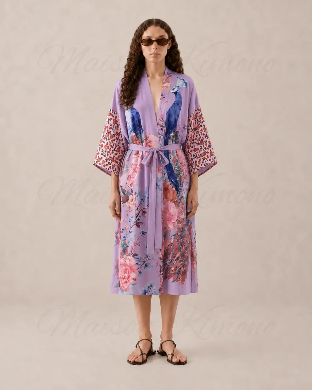 Robe japonaise femme violet paon fleuri