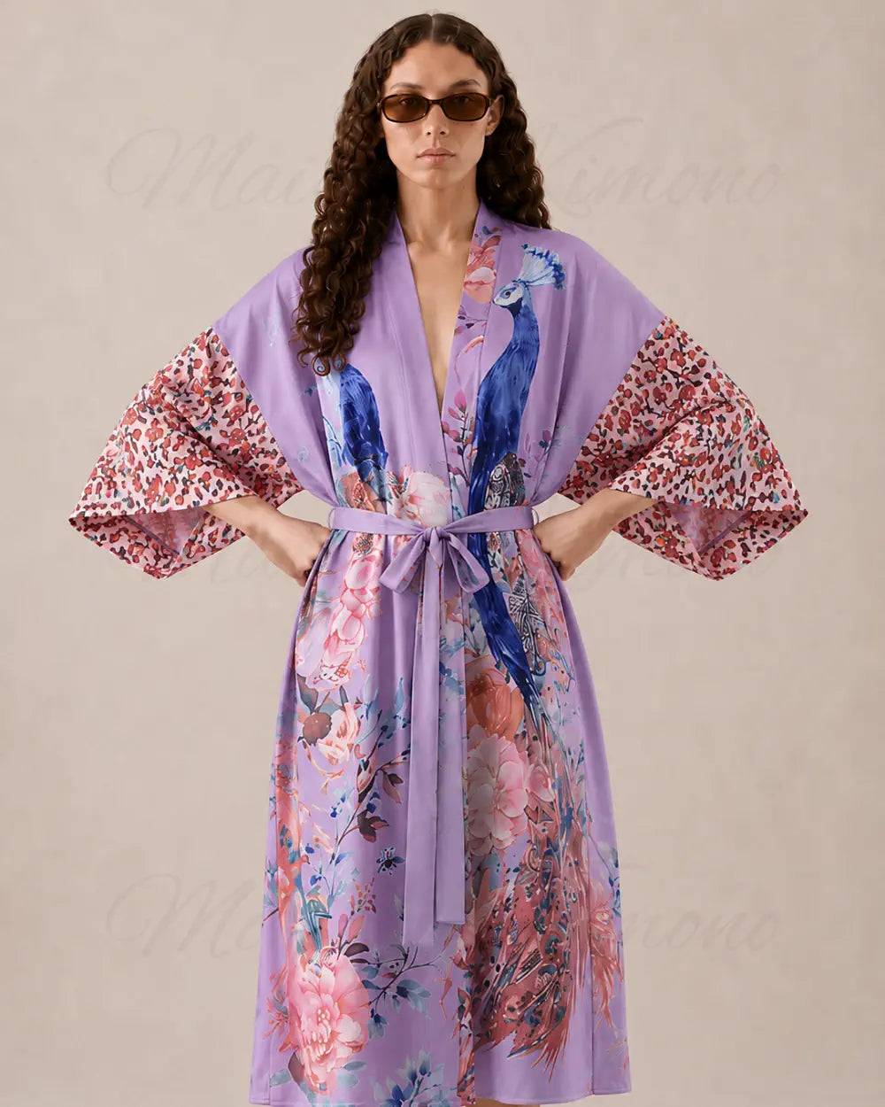 Robe japonaise femme violet paon fleuri