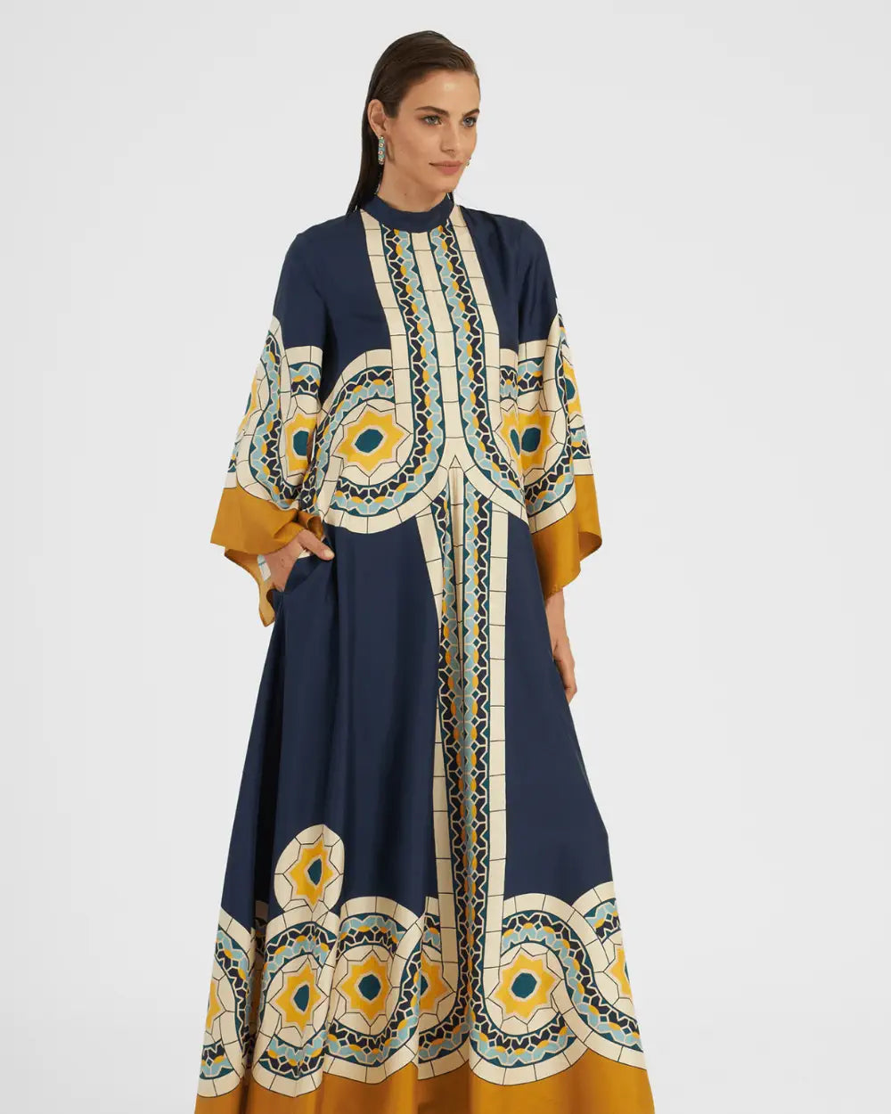 Robe kimono bleue reversible motifs mosaique femme Seika