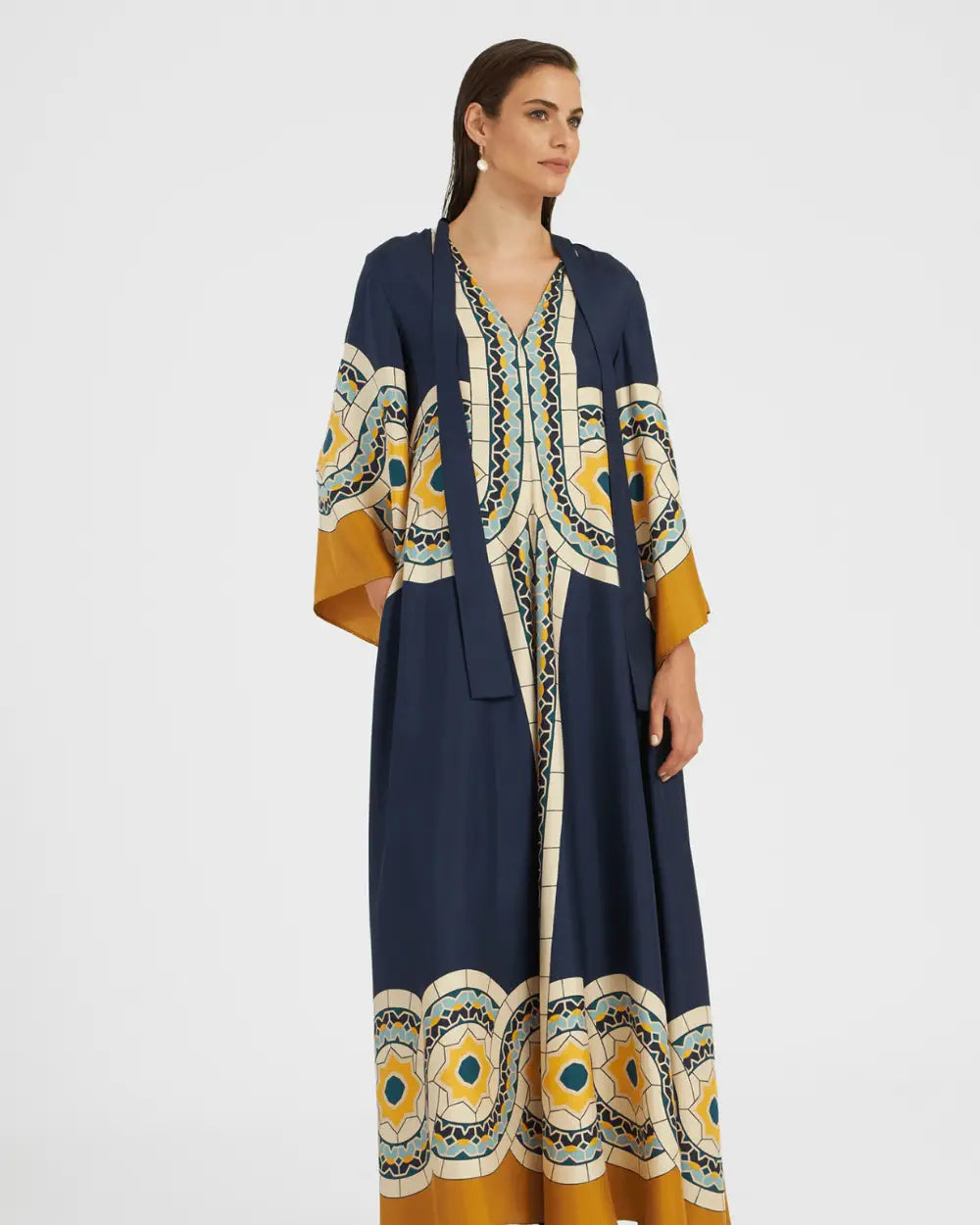 Robe kimono bleue reversible motifs mosaique femme Seika