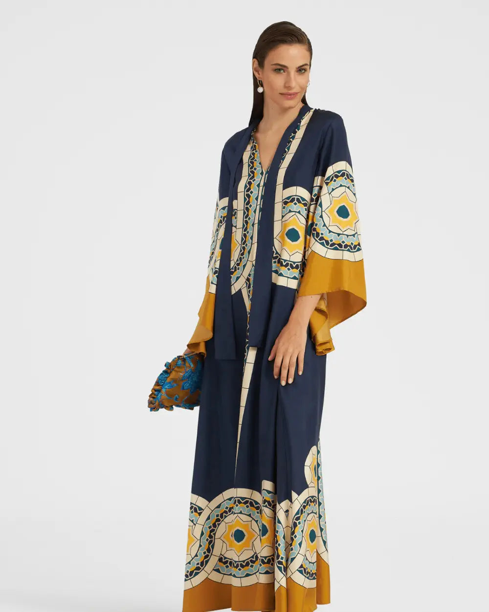 Robe kimono bleue reversible motifs mosaique femme Seika