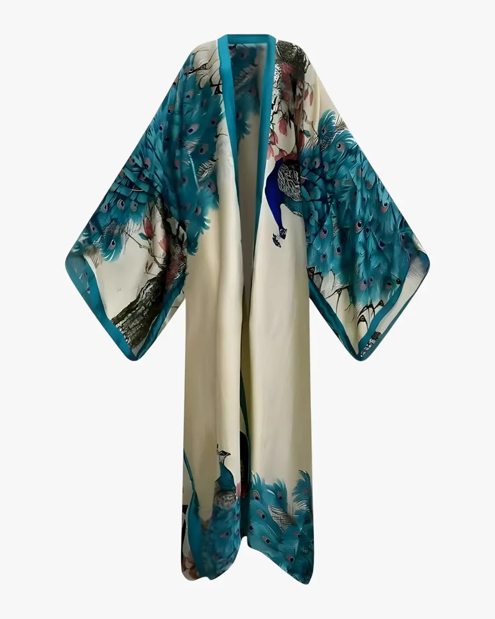 Robe kimono en soie bleu femme avec motifs paon Shiratori
