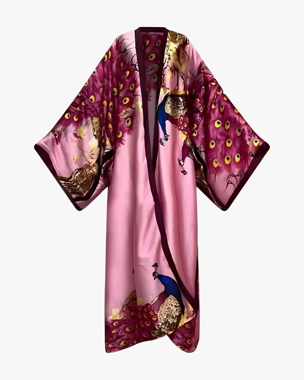 Robe kimono en soie rose femme avec motifs paon Shiratori