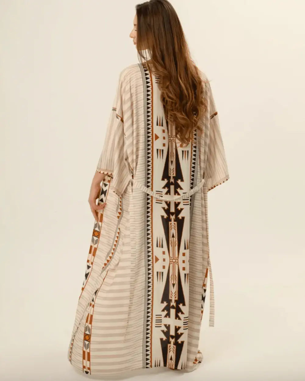 Robe kimono femme longue beige motifs Terako