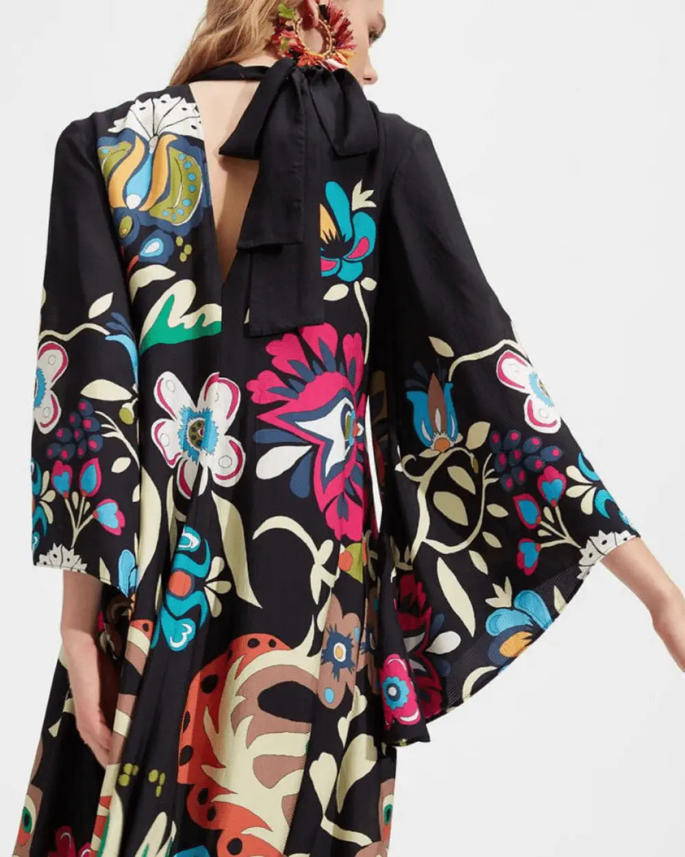 Robe kimono noir fleuri reversible femme Kagero