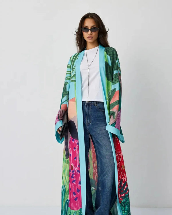 Robe kimono plage femme vert tropical Morinami
