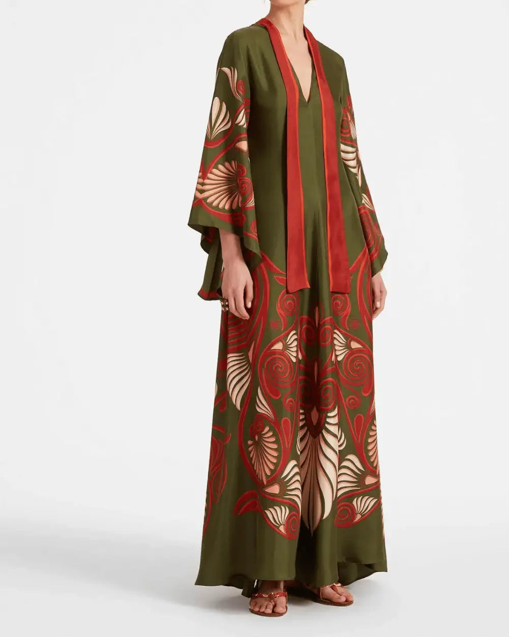 Robe kimono rouge et verte reversible avec motifs Akahana
