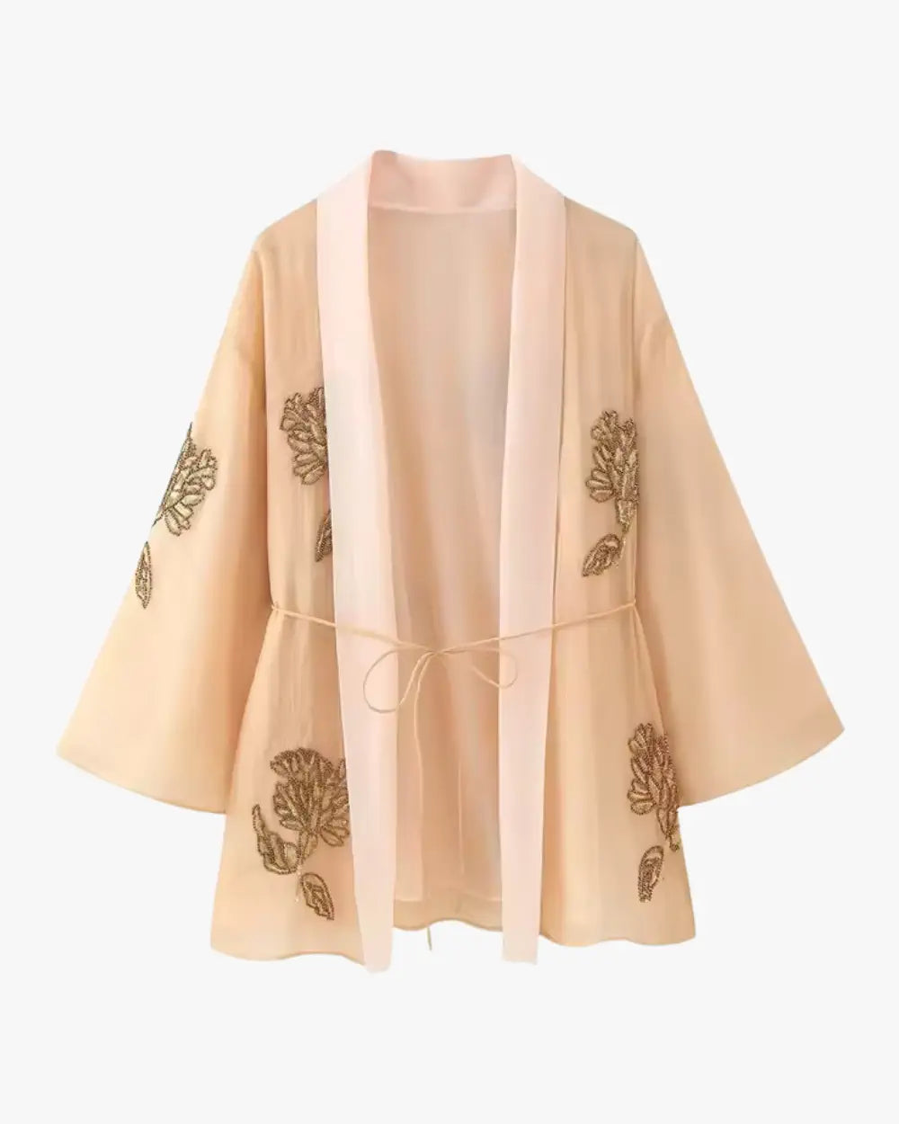Veste kimono femme beige avec broderies florales dorees Hoshimi