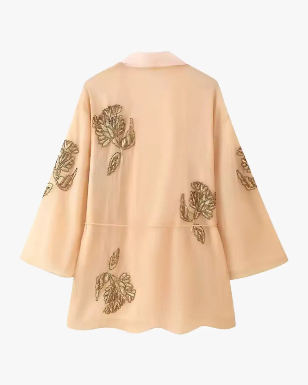 Veste kimono femme beige avec broderies florales dorees Hoshimi