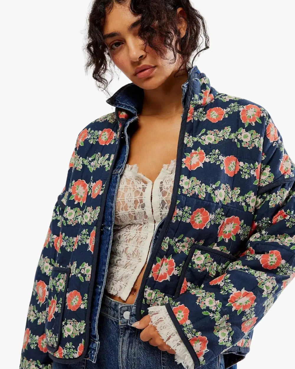 Veste kimono matelassee femme coton rouge fleuri Tsukihana