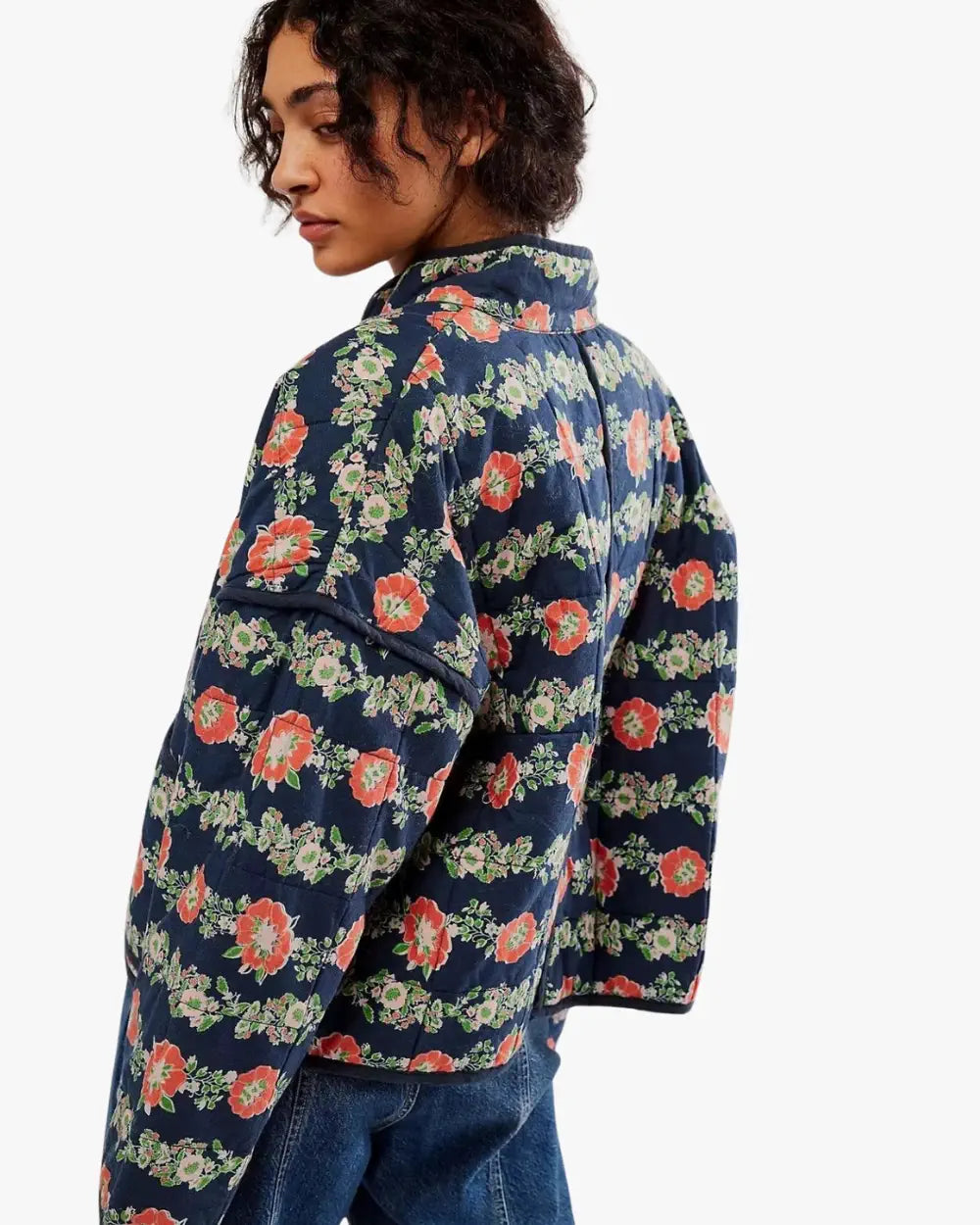 Veste kimono matelassee femme coton rouge fleuri Tsukihana