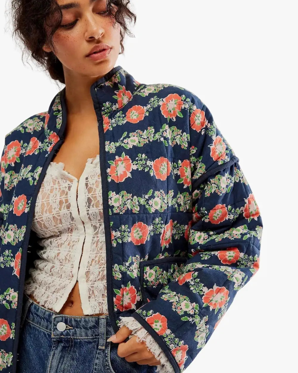 Veste kimono matelassee femme coton rouge fleuri Tsukihana
