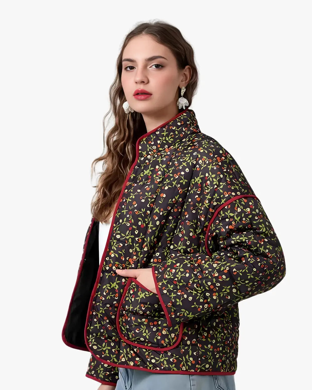 Veste kimono matelassee noire fleurs femme Nanaka