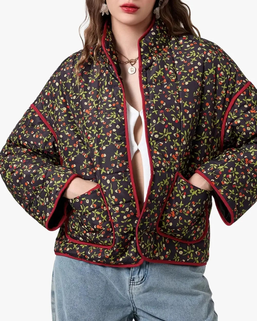 Veste kimono matelassee noire fleurs femme Nanaka