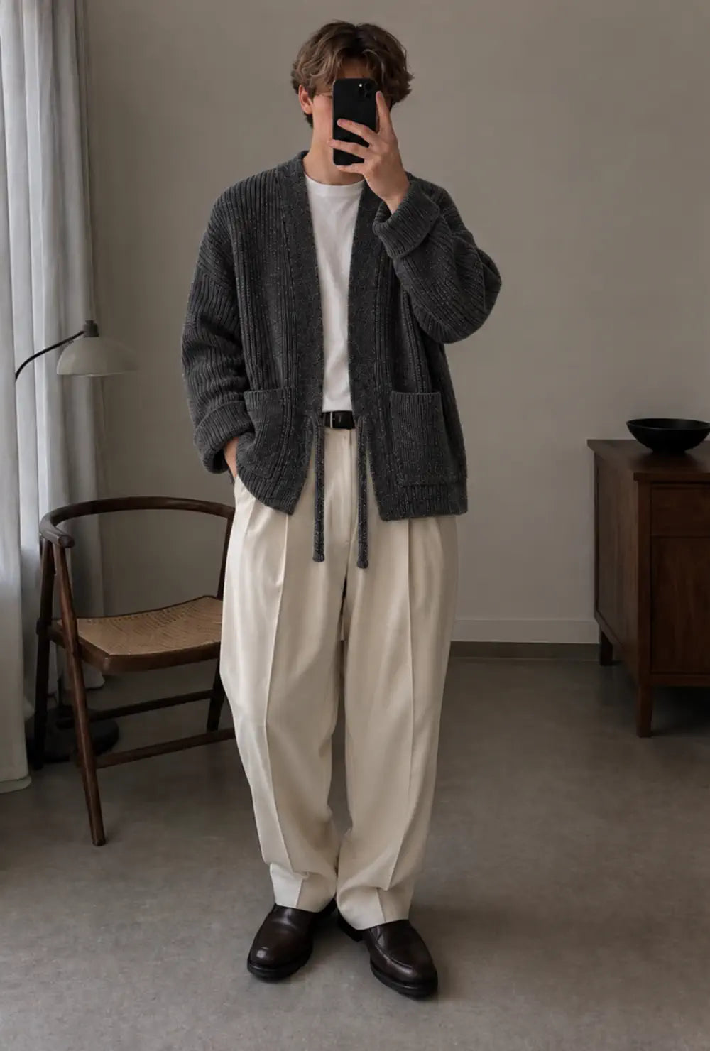Cardigan kimono homme gris en laine oversize porté ouvert sur un pantalon crème dans un intérieur