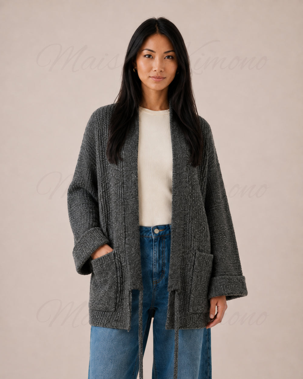 cardigan kimono femme gris laine oversize