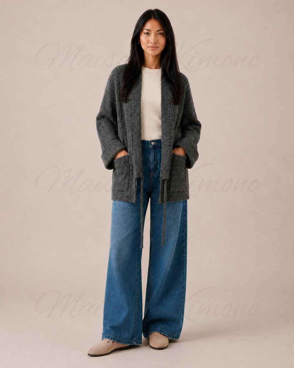 cardigan kimono femme gris laine oversize