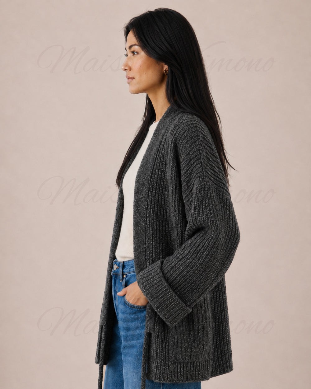 cardigan kimono femme gris laine oversize