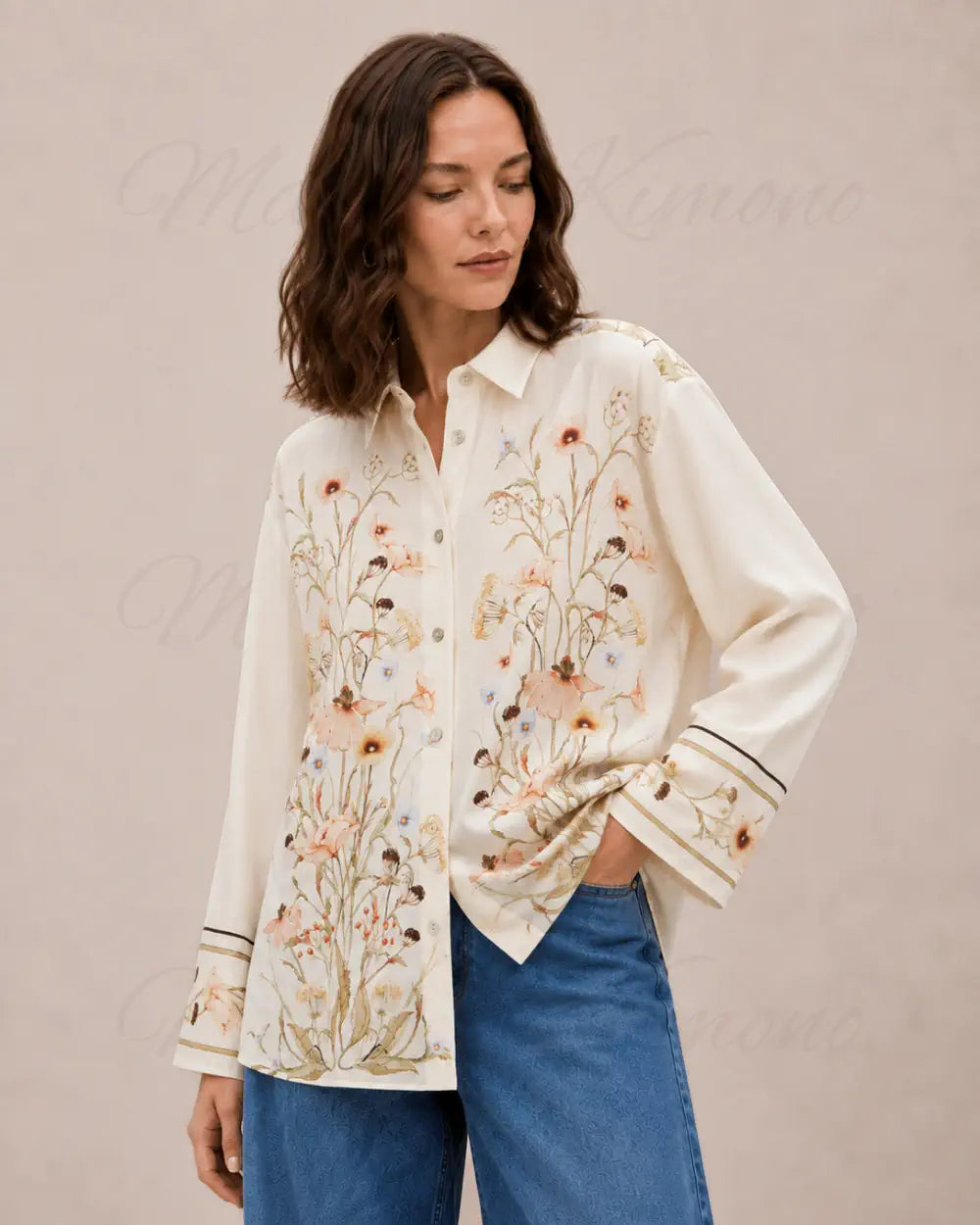 chemise kimono femme beige fleuri
