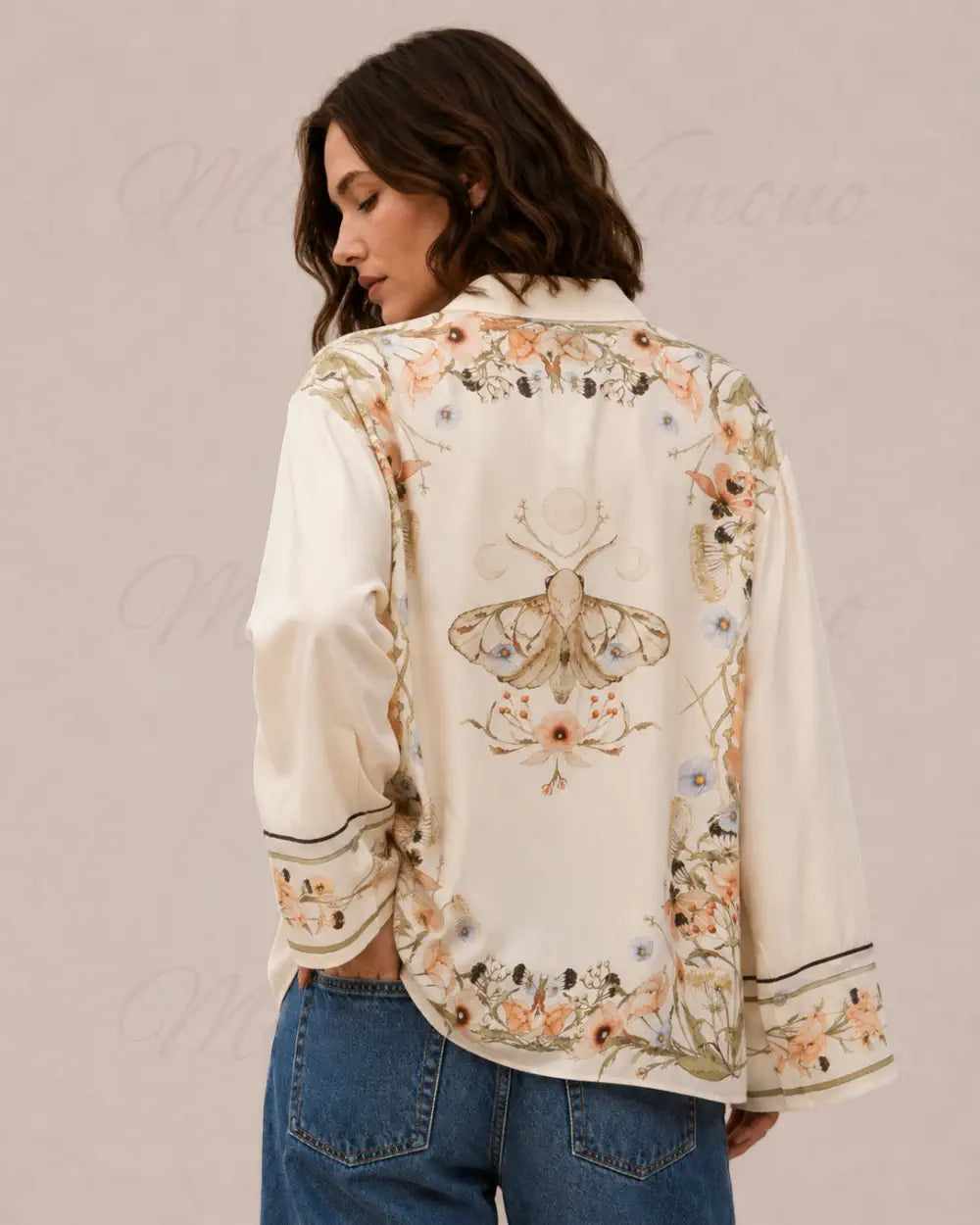 chemise kimono femme beige fleuri