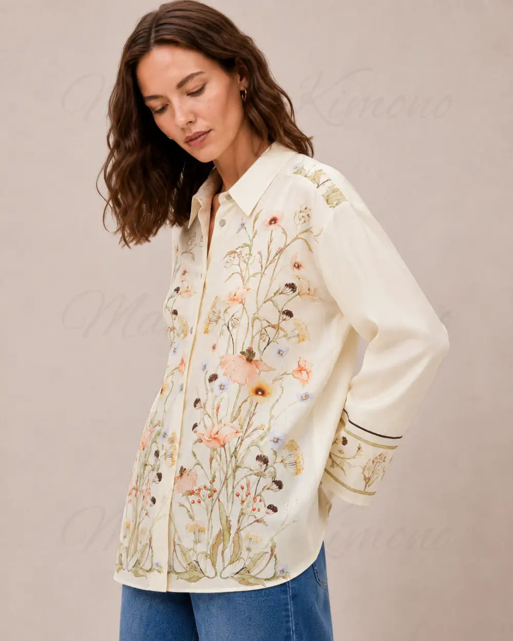 chemise kimono femme beige fleuri