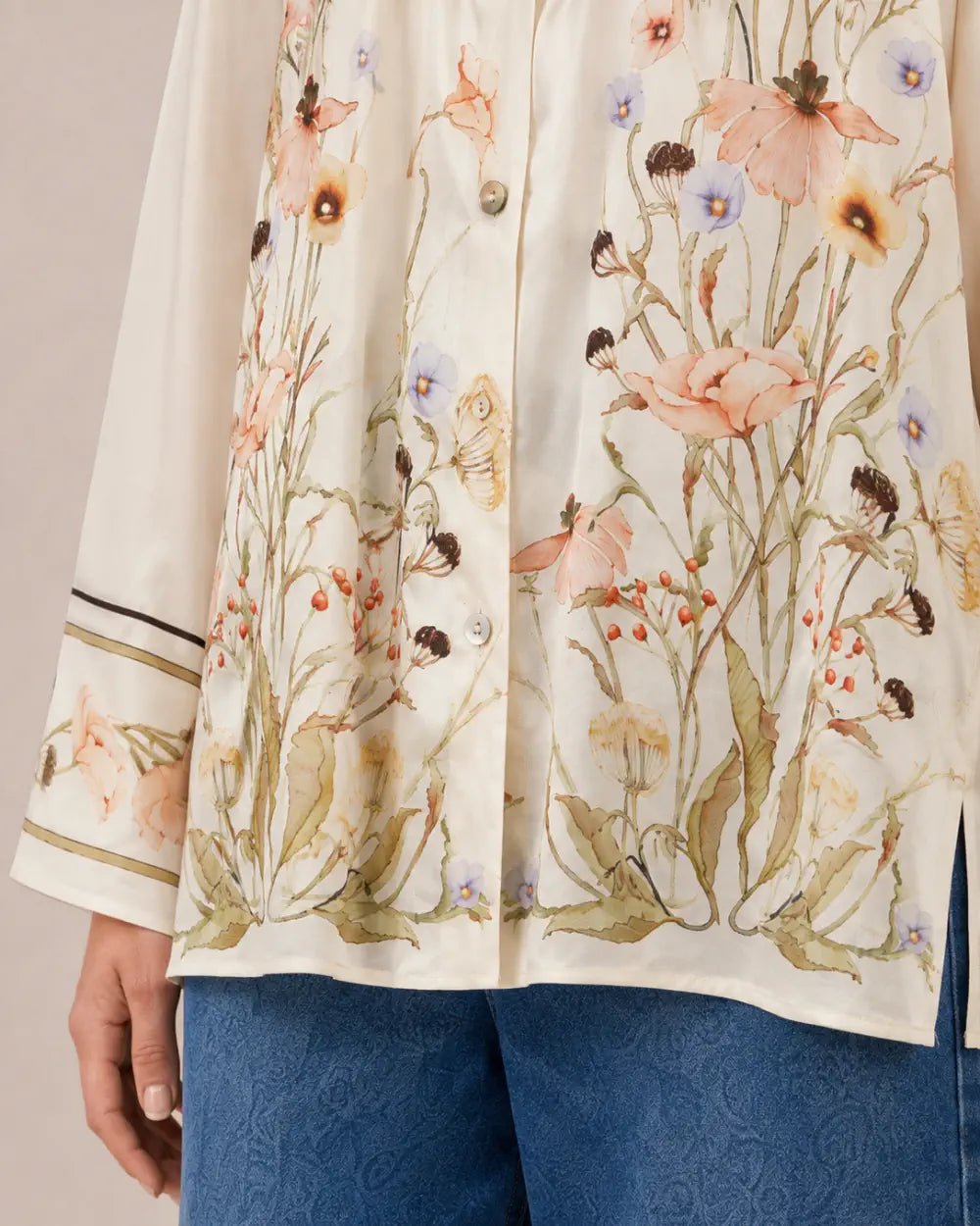 chemise kimono femme beige fleuri