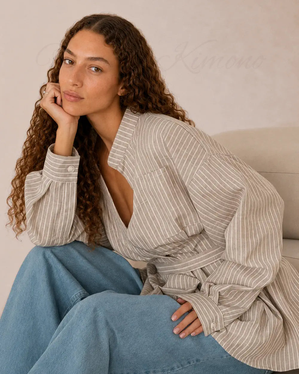 chemise kimono femme coton beige oversize