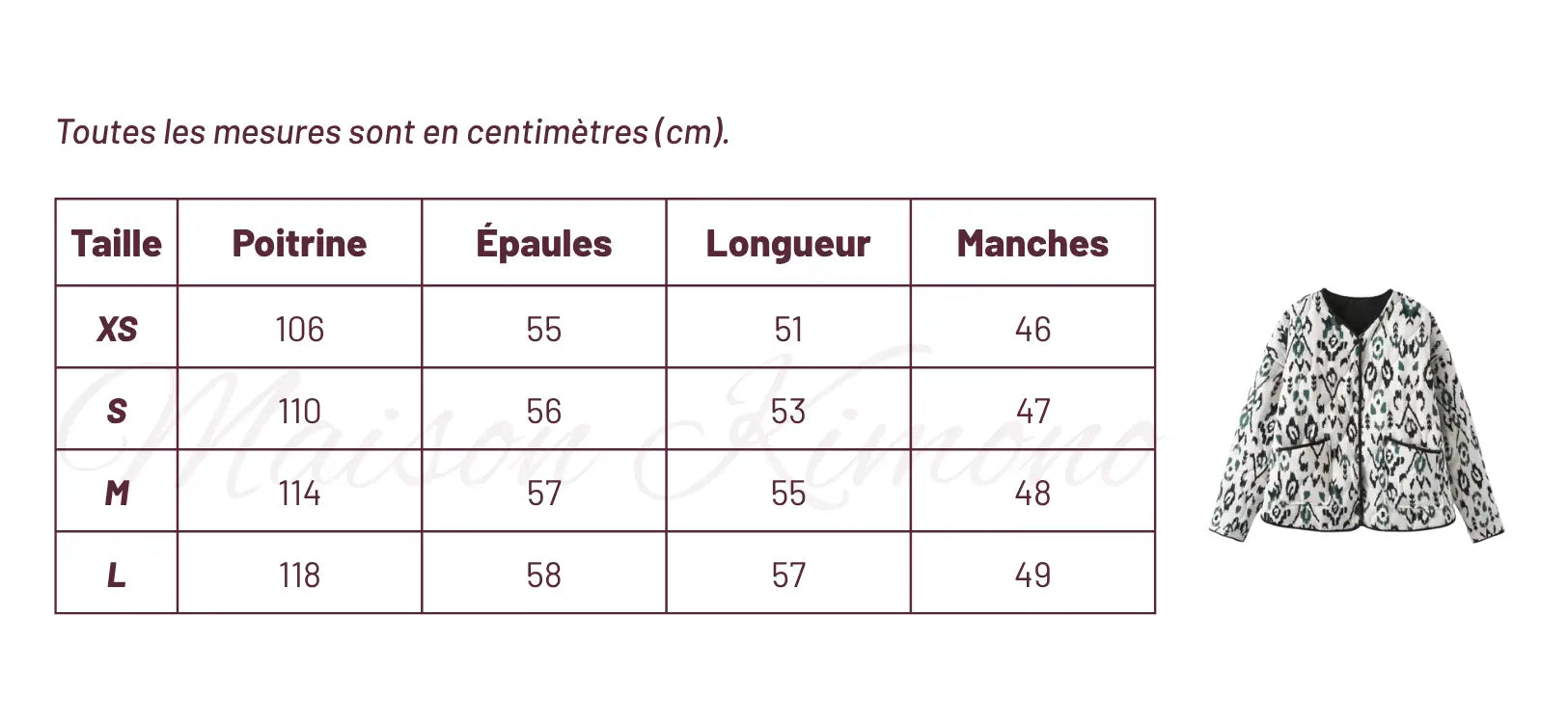 guide taille Veste kimono matelassée blanche femme Kuroshiro