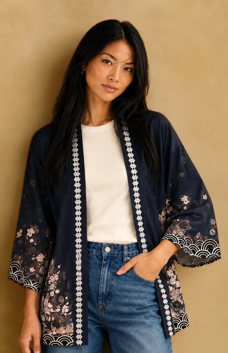 haori femme bleu motif cerisier