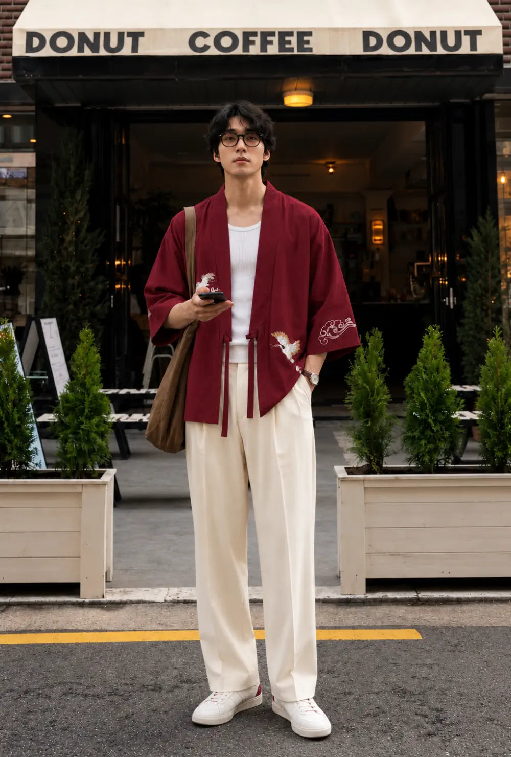 Haori homme rouge en coton à motif grues porté sur un pantalon crème devant un café en ville