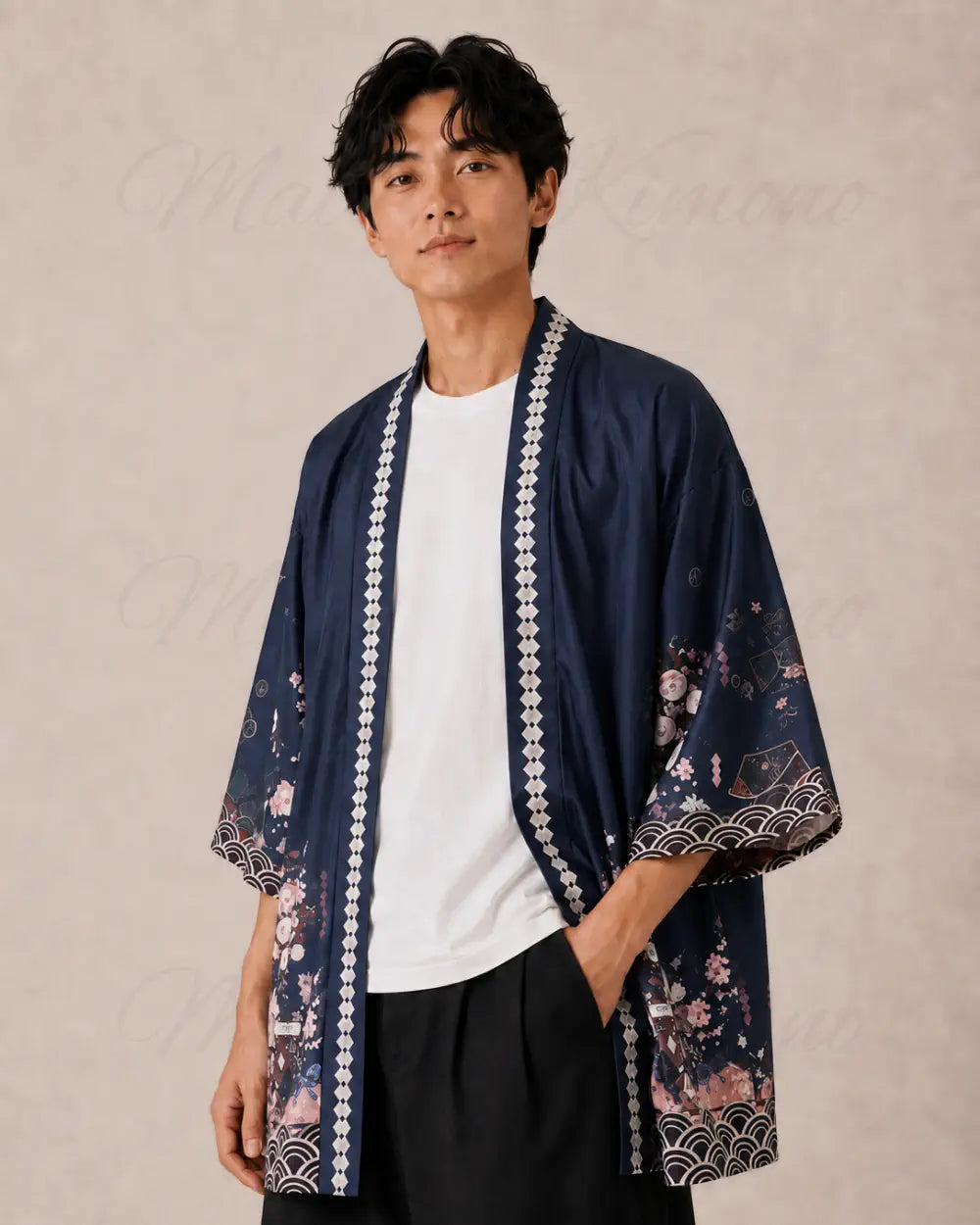 haori homme bleu cerisiers japonais
