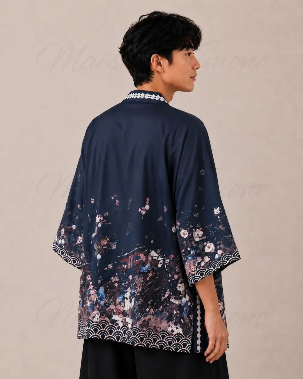 haori homme bleu cerisiers japonais