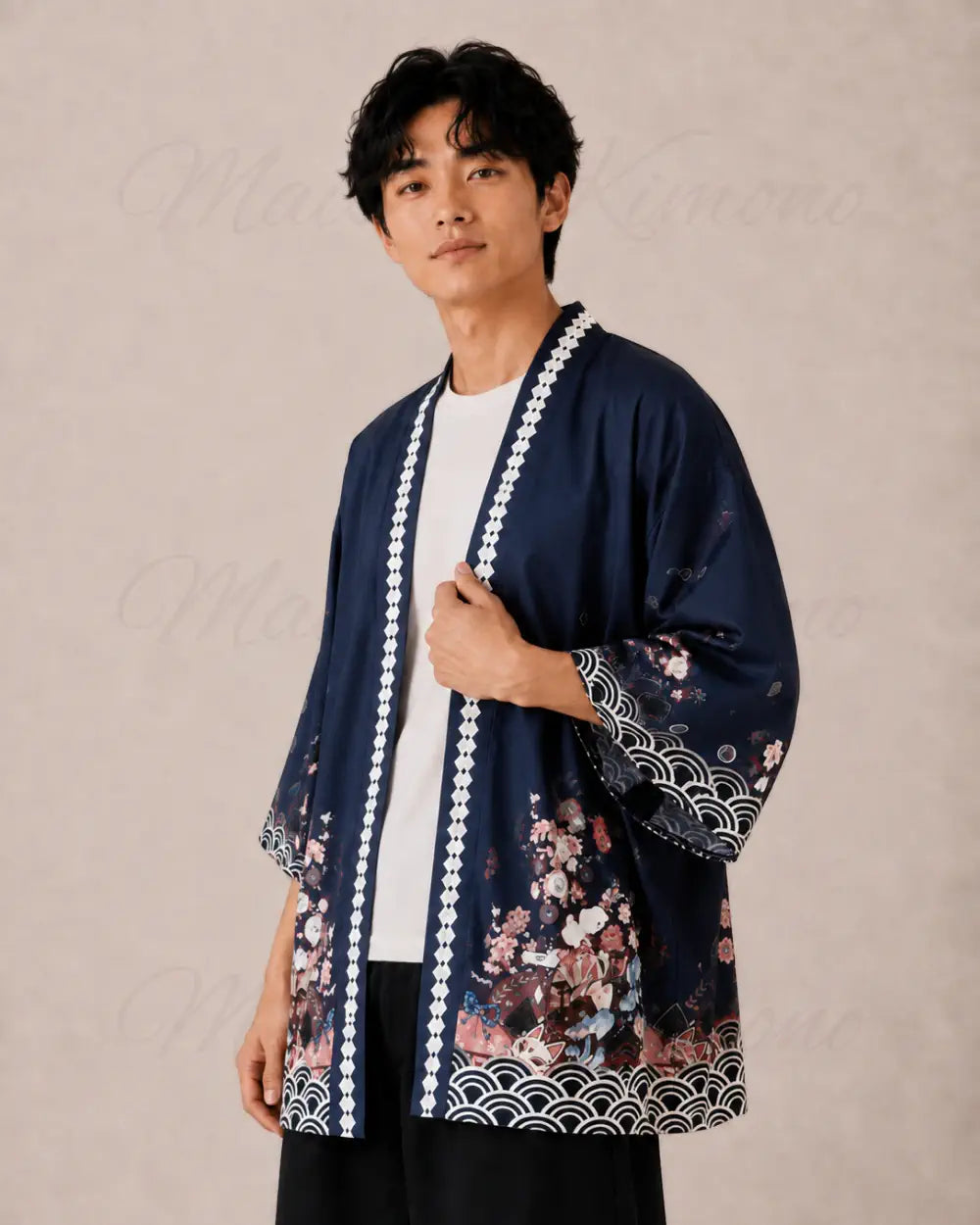 haori homme bleu cerisiers japonais