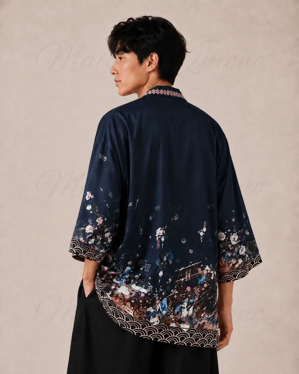 haori homme bleu cerisiers japonais