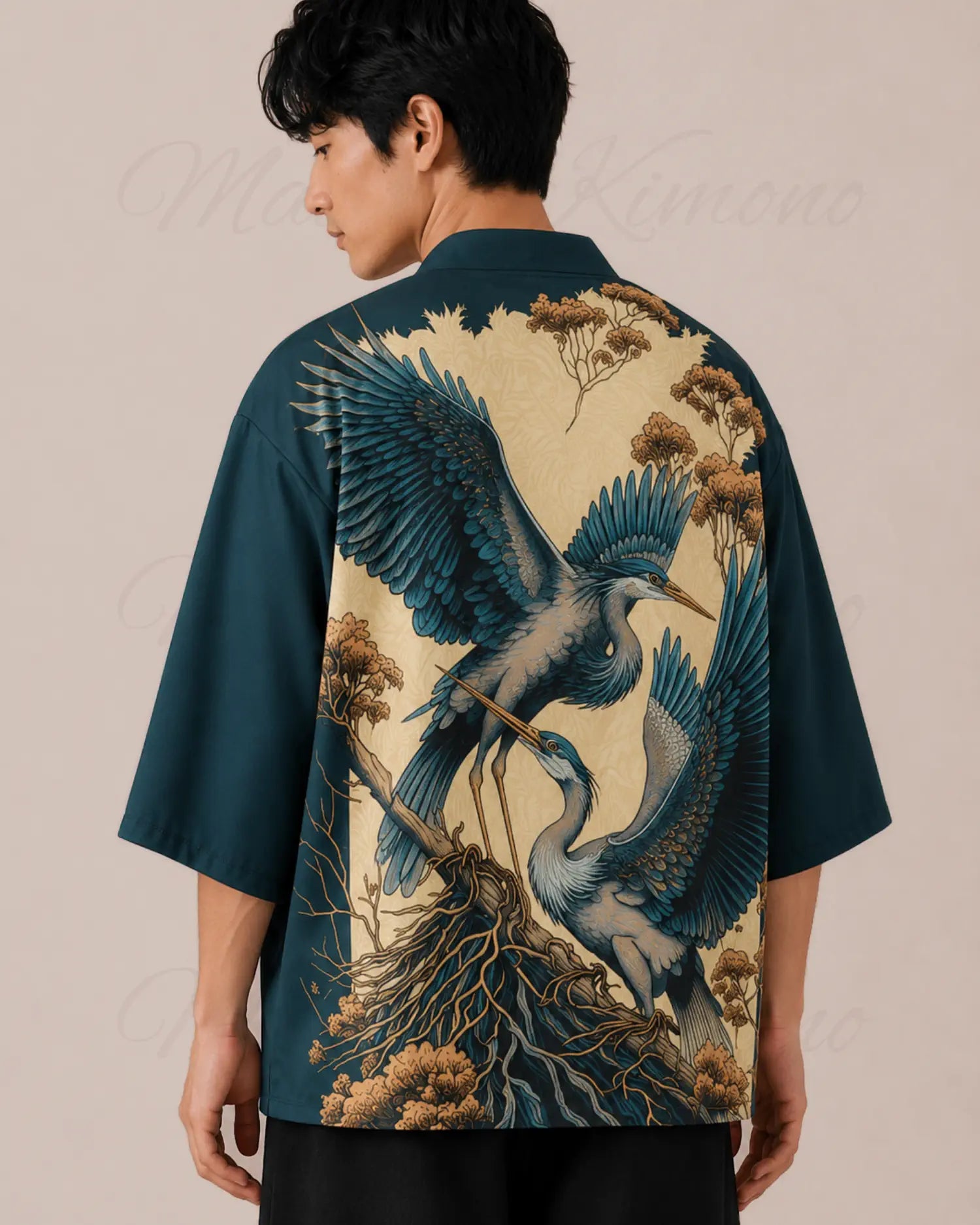 haori homme bleu moderne motifs herons