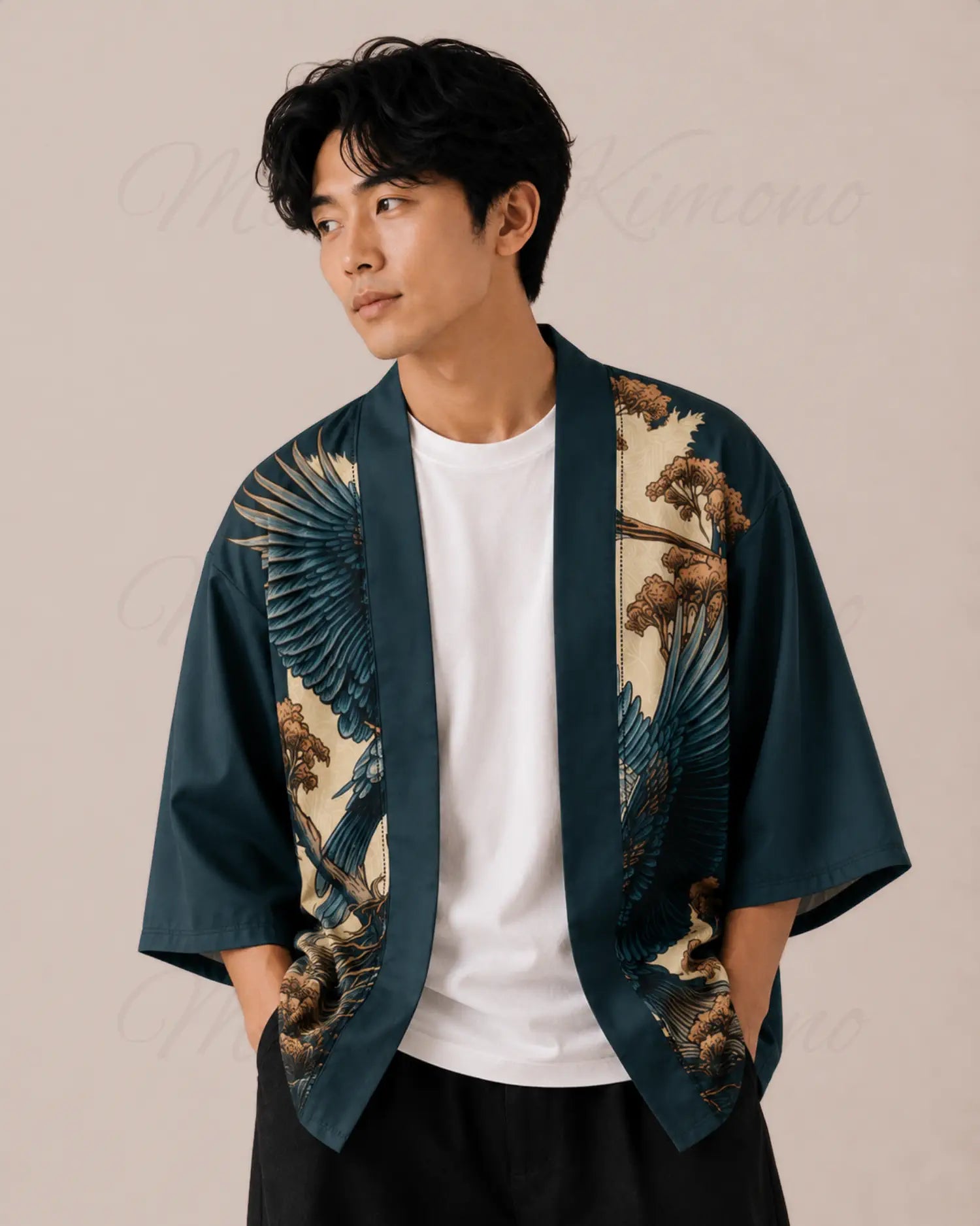 haori homme bleu moderne motifs herons