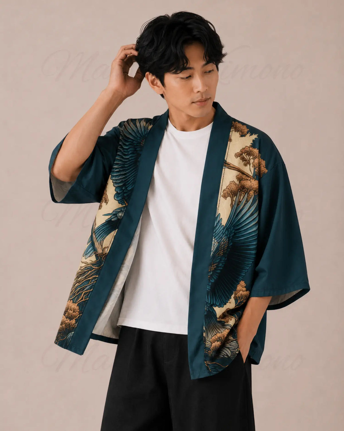 haori homme bleu moderne motifs herons