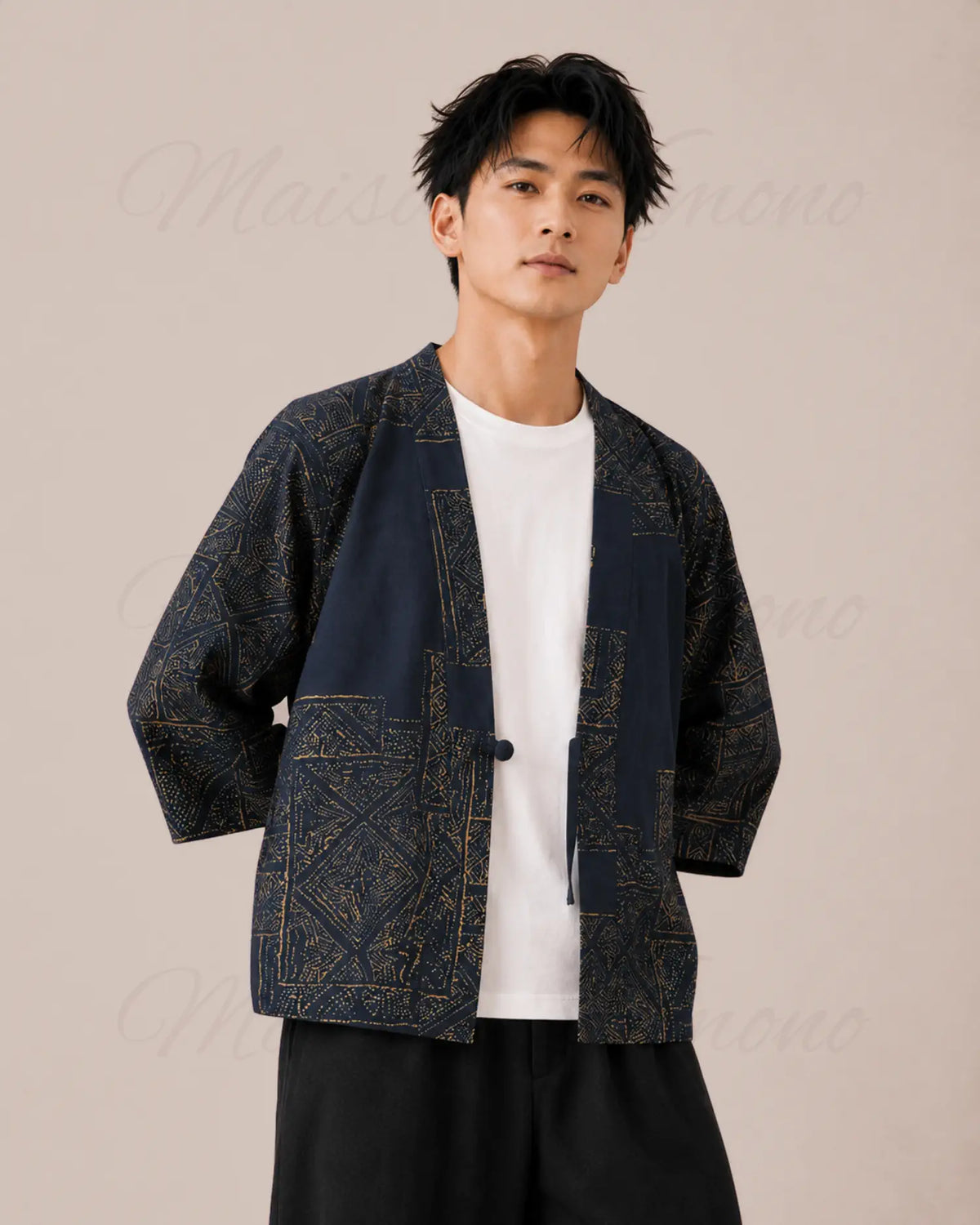 haori homme coton bleu marine motifs dores