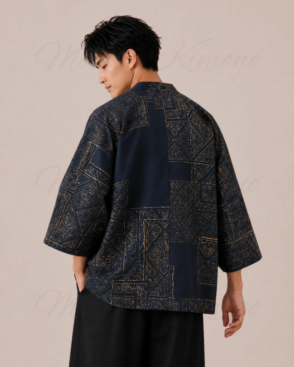 haori homme coton bleu marine motifs dores