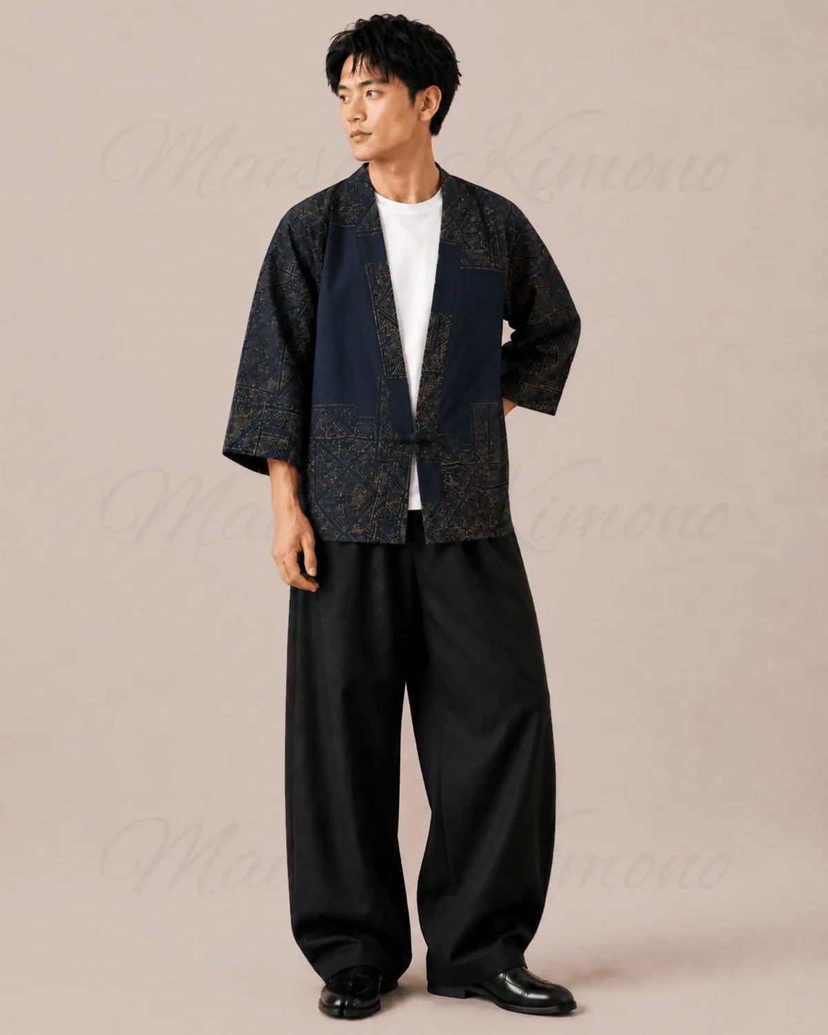 haori homme coton bleu marine motifs dores
