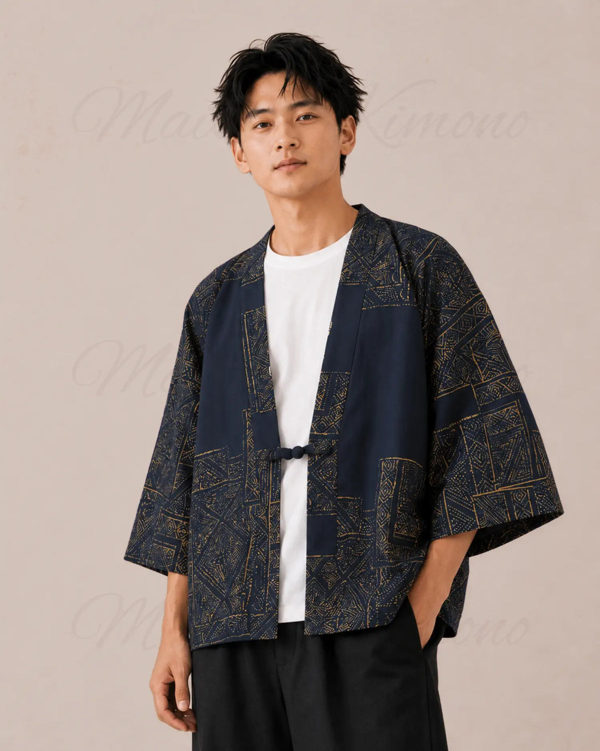 haori homme coton bleu marine motifs dores