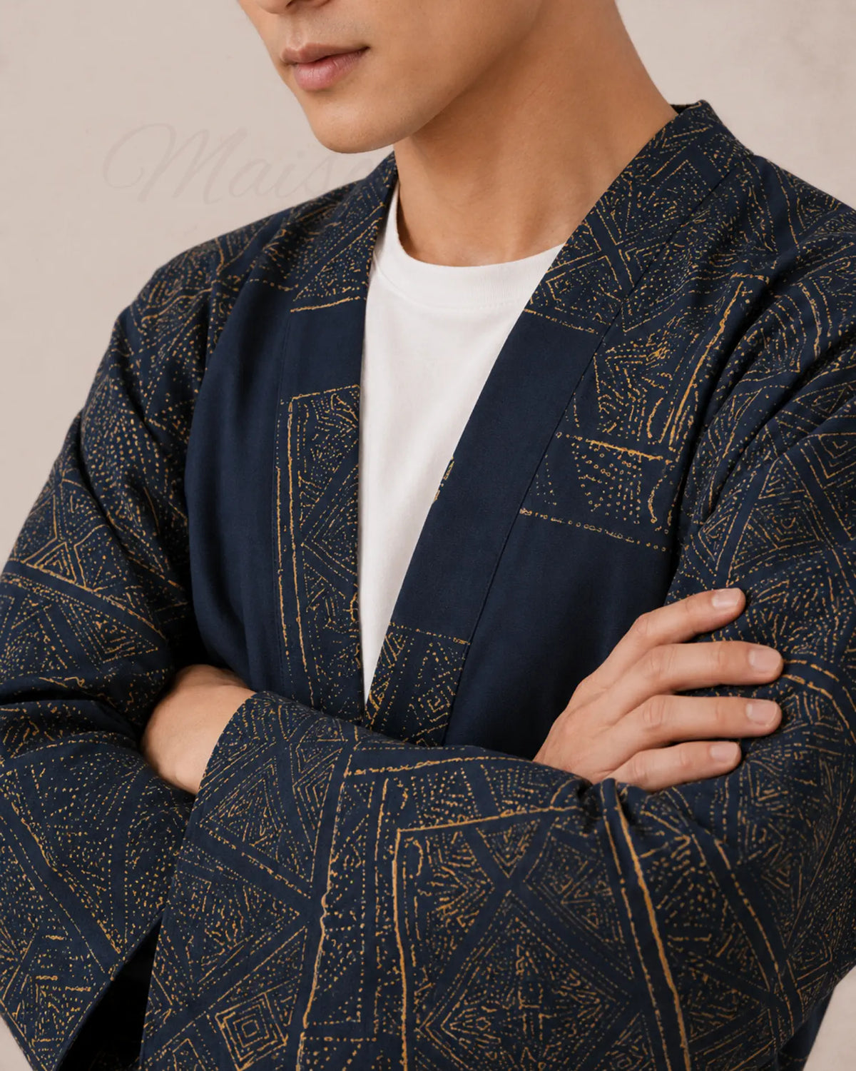 haori homme coton bleu marine motifs dores