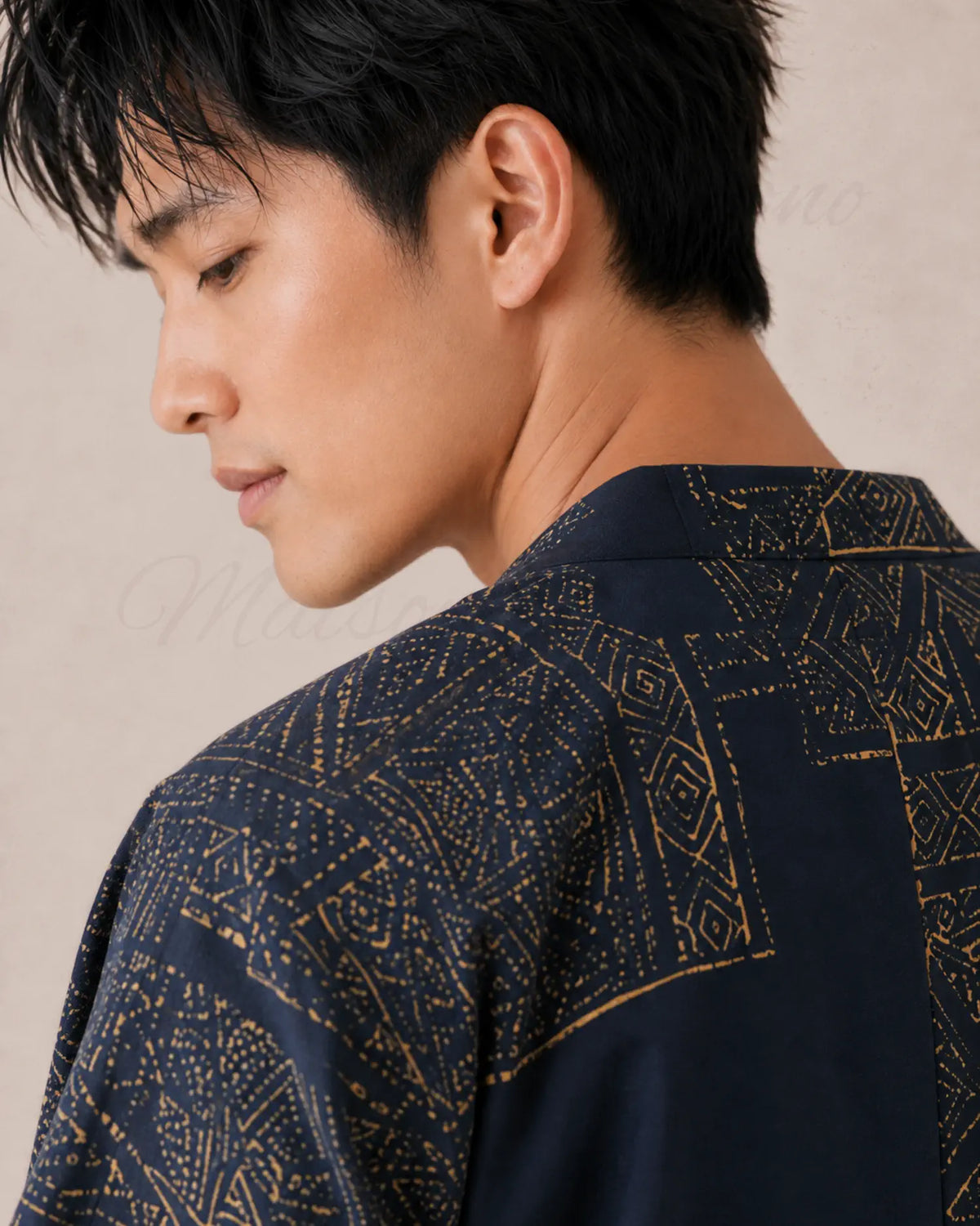 haori homme coton bleu marine motifs dores