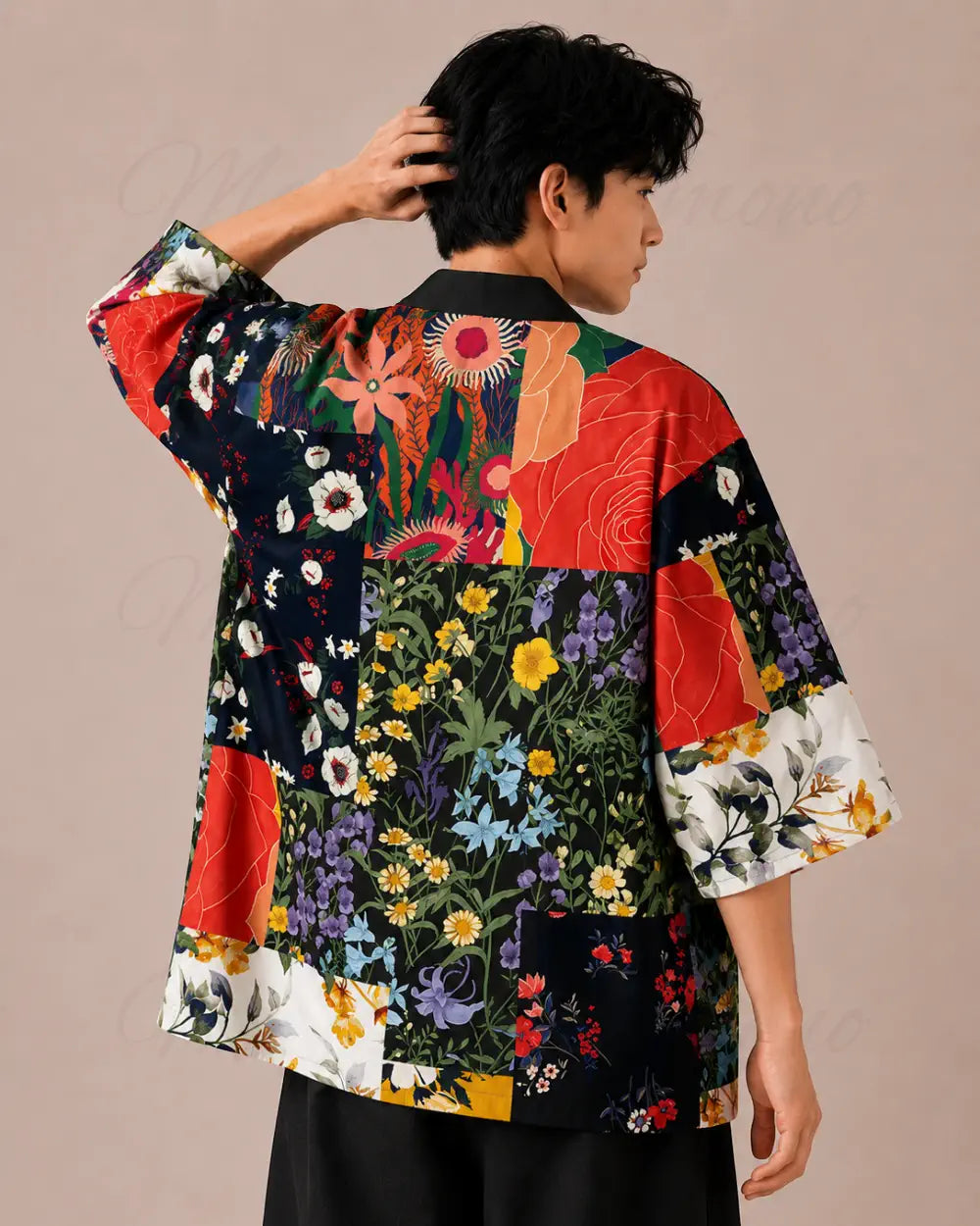 haori homme noir fleuri moderne