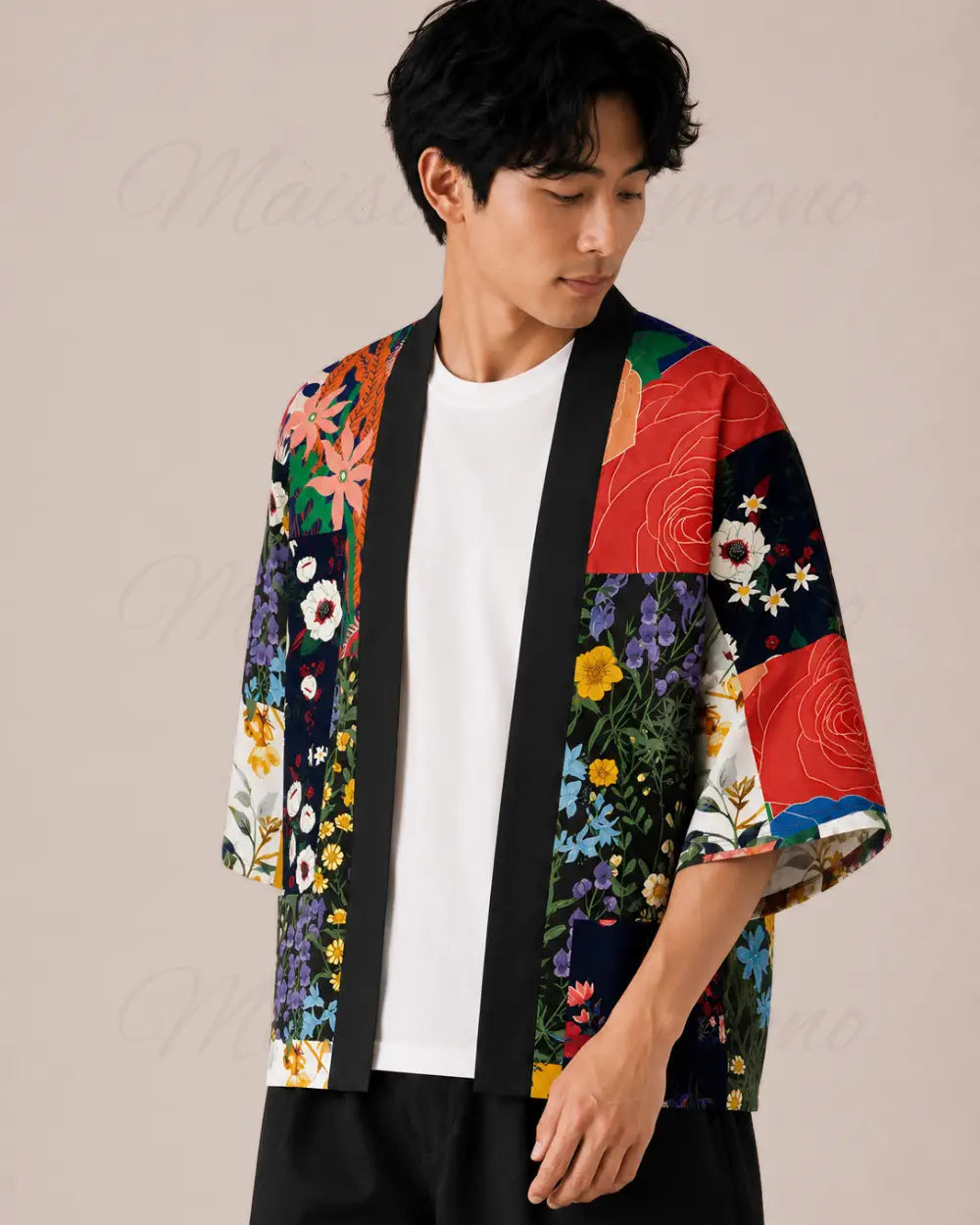 haori homme noir fleuri moderne